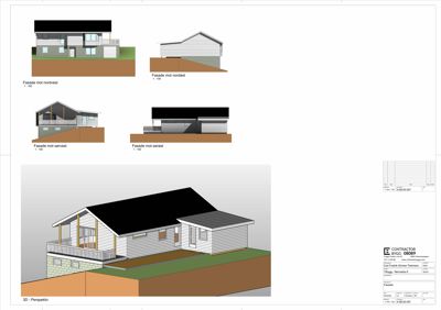 Bildet viser en tegning med fasadeopprikk for en bolig sett fra fire forskjellige sider (nordvest, nordøst, sørvest, sørøst), samt en 3D-perspektivvisning av bygningen.