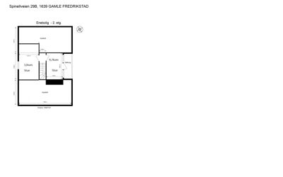 Etasjeplan for enebolig på 2. etasje med romfordeling og arealoppgave.