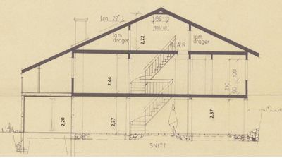 Snittegning som viser bygningens tverrsnitt med høyder, trapp og konstruksjon.