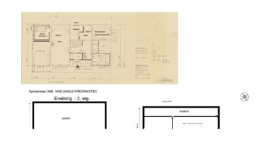 Bildet viser en samling tegninger for en enebolig. Øverst er det en kullerplan (kjellerplan) med romfordeling og mål. Nederst er det en fasade og et snitt av 2. etasje.