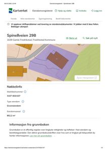 Kartutsnitt fra Eiendomsregisteret som viser eiendomsgrunnflaten (matrikkelnummer 3107-603/107) i Spinellveien 29B, inkludert bygning og vei.