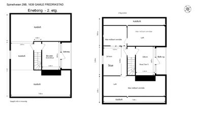 Plantegning av 2. etasje i en enebolig med romfordeling, mål og oppgitt mål er innvendig.