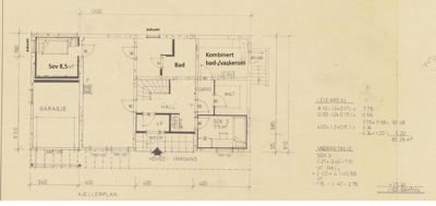 Etasjeplan for kjelleretasje (kjellerplan) med romfordeling, dimensjoner og arealoppregning.