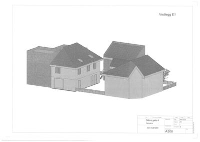 3D-visualisering (rendering) av to hus med tilhørende hekk og gjerde, vist fra en vinkel.