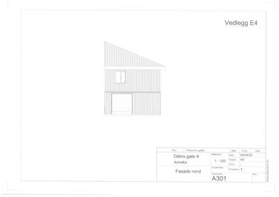 Fasadetegning for 'Vedlegg E4' av et annekts bygning på Odins gate 4. Tegningen viser fasaden sett fra nord med detaljer om takform, vinduer og fasademateriale.