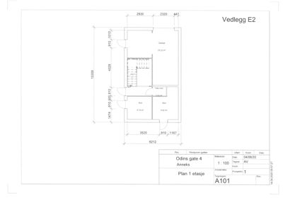 Etasjeplan (1. etasje) for et annekset i Odins gate 4, som viser romfordeling, dimensjoner og areal.
