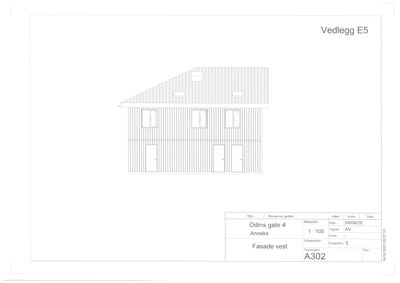 Fasadetegning av et annekshus (Vedlegg E5) med vinduer, dører og takform