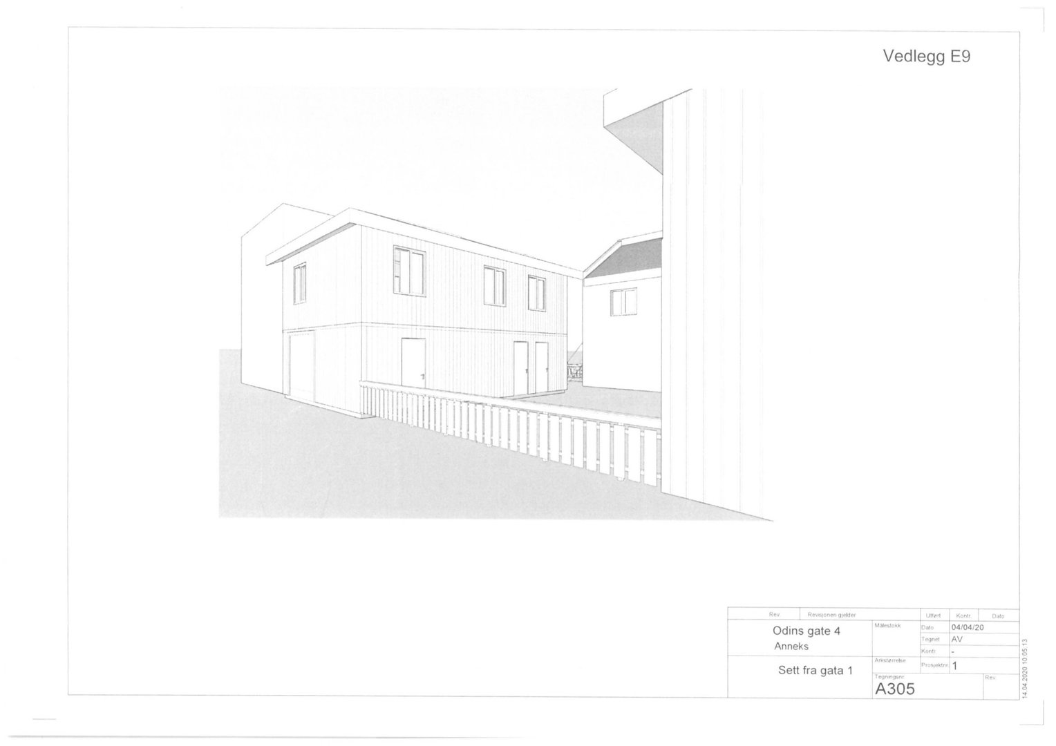 En 3D-visualisering (rendering) av en toetasjes bolig sett fra gata. Tegningen viser fasade, takform, vinduer, en veranda med ræler og en del av nabohuset.