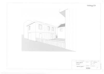 En 3D-visualisering (rendering) av en toetasjes bolig sett fra gata. Tegningen viser fasade, takform, vinduer, en veranda med ræler og en del av nabohuset.