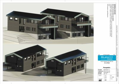 3D-perspektivtegning (rendering) av en planlagt bygning med to etasjer, balkonger og moderne fasade.