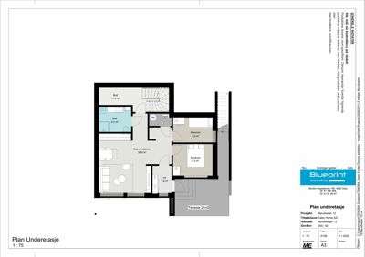 Etasjeplan for underetasjen av en bolig, som viser romfordeling (soverom, stue, kjøkken), arealer og plassering av trapp.