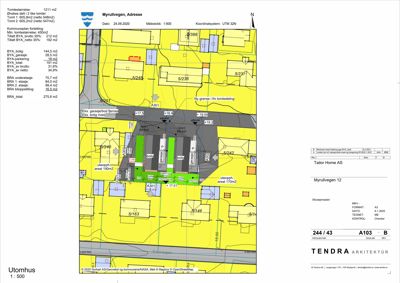 Situasjonsplan som viser tomtens grenser, bygningers plassering, arealer og forhold til nabolag.