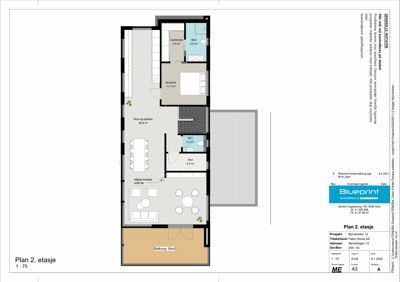 Etasjeplan for 2. etasje som viser romfordeling, arealer og plassering av balkong.