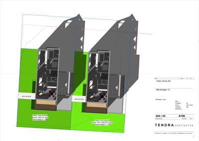 Situasjonsplan (site plan) som viser to etasjer av en bygning med romfordeling, utvendige arealer og terrengforhold.
