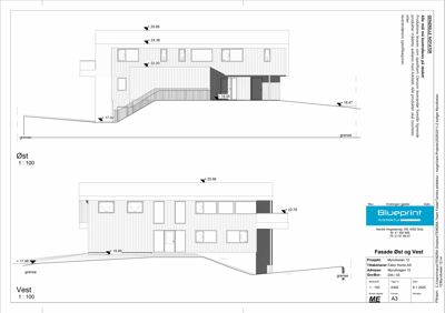 Fasadetegning som viser bygningens utseende fra øst og vest, inkludert høydemål og taklinjer.