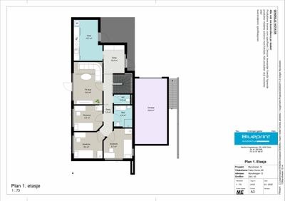 Etasjeplan (1. etasje) som viser romfordeling, arealer og funksjoner i en bolig.