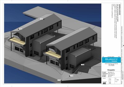 3D-perspektivtegning (rendering) av en planlagt bygning med omgivende terreng og høydemarkeringer.