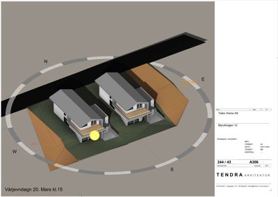 3D-visualisering (rendering) av to hus i situasjon med omgivende terreng og vei.