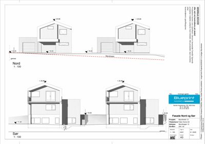 Fasadetegning som viser bygningens utseende sett fra Nord og Sør, inkludert høyder, takform og fasadematerialer.