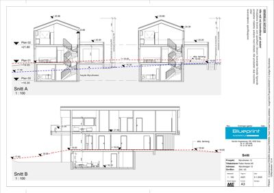 Tegning som viser tverrsnitt gjennom bygningen (Snitt A og Snitt B) med høydemål og romfordeling.