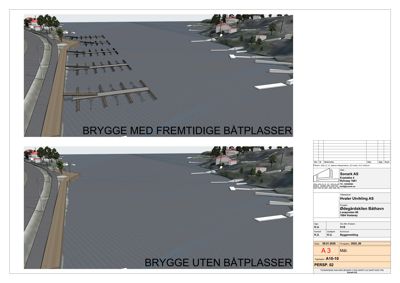 3D-visualiseringer (renderinger) av et bryggeprosjekt med og uten båtplasser.