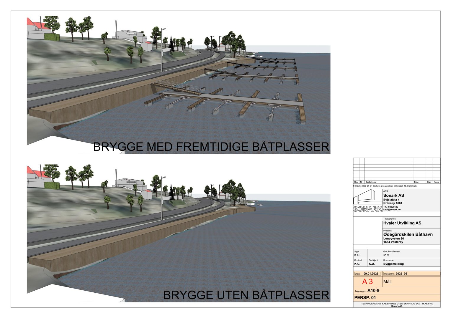 3D-visualisering (rendering) som viser to alternativer for en brygge: med og uten båtplasser.