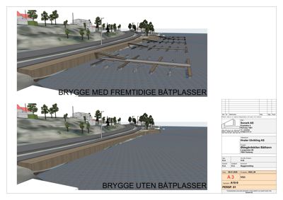 3D-visualisering (rendering) som viser to alternativer for en brygge: med og uten båtplasser.