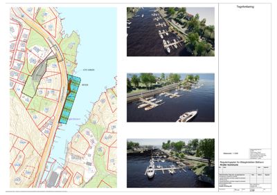Et sammensatt ark som viser en situasjonsplan (venstre side) og tre 3D-renderinger av et havneanlegg (høyre side).