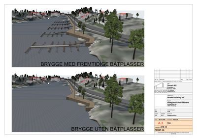 3D-visualisering av to alternativer for bryggekonstruksjon med og uten båtplasser.