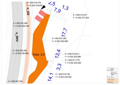 Situasjonsplan som viser tomtens form, grenser, høydemål (kote), naboeiendommer og infrastruktur (veier/rør).