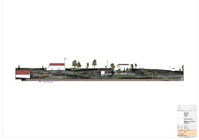Snittegning som viser bygningenes høyde, terrengforhold og plassering i forhold til hverandre.