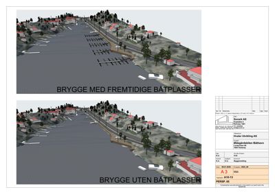 3D-visualisering (rendering) som sammenligner to alternativer for en brygge med og uten båtplasser.