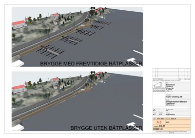 3D-visualiseringer av et bryggeprosjekt med og uten båtplasser