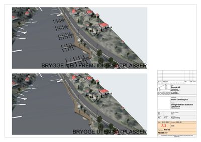 3D-visualisering (perspektivtegning) som sammenligner to alternativer for en brygge: med og uten batplasser.