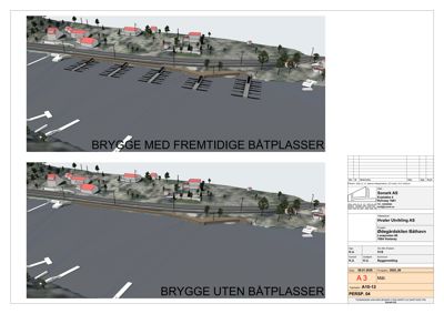 3D-visualiseringer (renderinger) som viser to alternativer for en brygge: med og uten båtplasser.