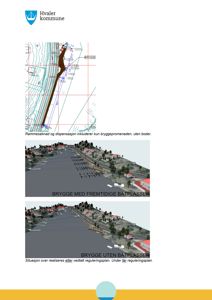 Dokumentasjon av et bryggeprosjekt som viser en teknisk tegning (rammesøknad) og to 3D-visualiseringer (renderinger) av fremtidige og alternative bryggesituasjoner.
