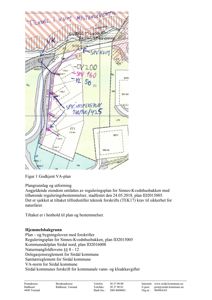 En godkjent VA-plan (vann- og avløp) som viser situasjon for et kum, nivåer (OV, SP, VL) og tilkobling til kum. Det er en teknisk tegning av en del av eiendommen.