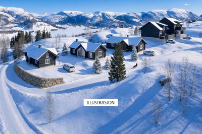3D-visualisering (rendering) av en boligbebyggelse i snø, sett fra luften. Bildet viser hus, terreng, trær og kjøretøy.