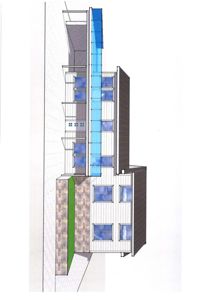 Snittegning som viser bygningens tverrsnitt, inkludert etasjer, vinduer, takkonstruksjon og grunnmur.