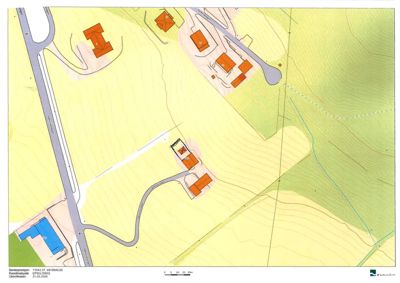 Situasjonsplan som viser tomtens beliggenhet i forhold til nabolag, veier og terrengforhold.