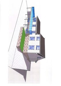 3D-visualisering av en bygning med moderne fasadeelementer, balkonger og terrasser.