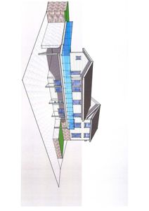 3D-visualisering (rendering) av en bygning sett fra siden, som viser fasade, tak, vinduer og en del av inngangspartiet.