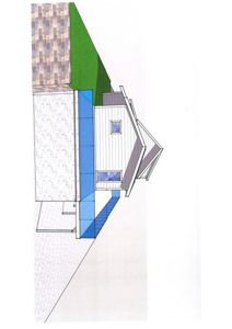 Fasadetegning som viser en bygning sett fra siden, med detaljer om fasadematerialer, vinduer og takform.