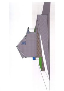 Fasadetegning som viser bygningens utseende fra siden, inkludert takform, vinduer, fasadematerialer og terrengforhold.