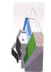 3D-visualisering (rendering) av en bygning sett fra en vinkel som viser fasade, tak og grunnplan.