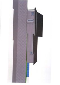 Fasadetegning som viser bygningens utseende fra siden, inkludert takform, vinduer og fasadematerialer.