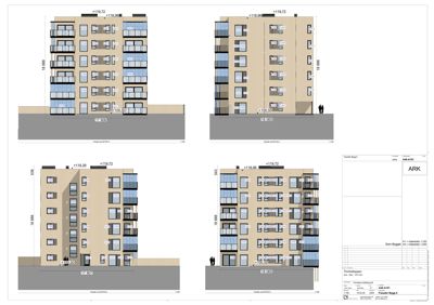 Fasadetegning som viser bygningens utseende fra fire ulike vinkler (vest, øst, nord og sør).