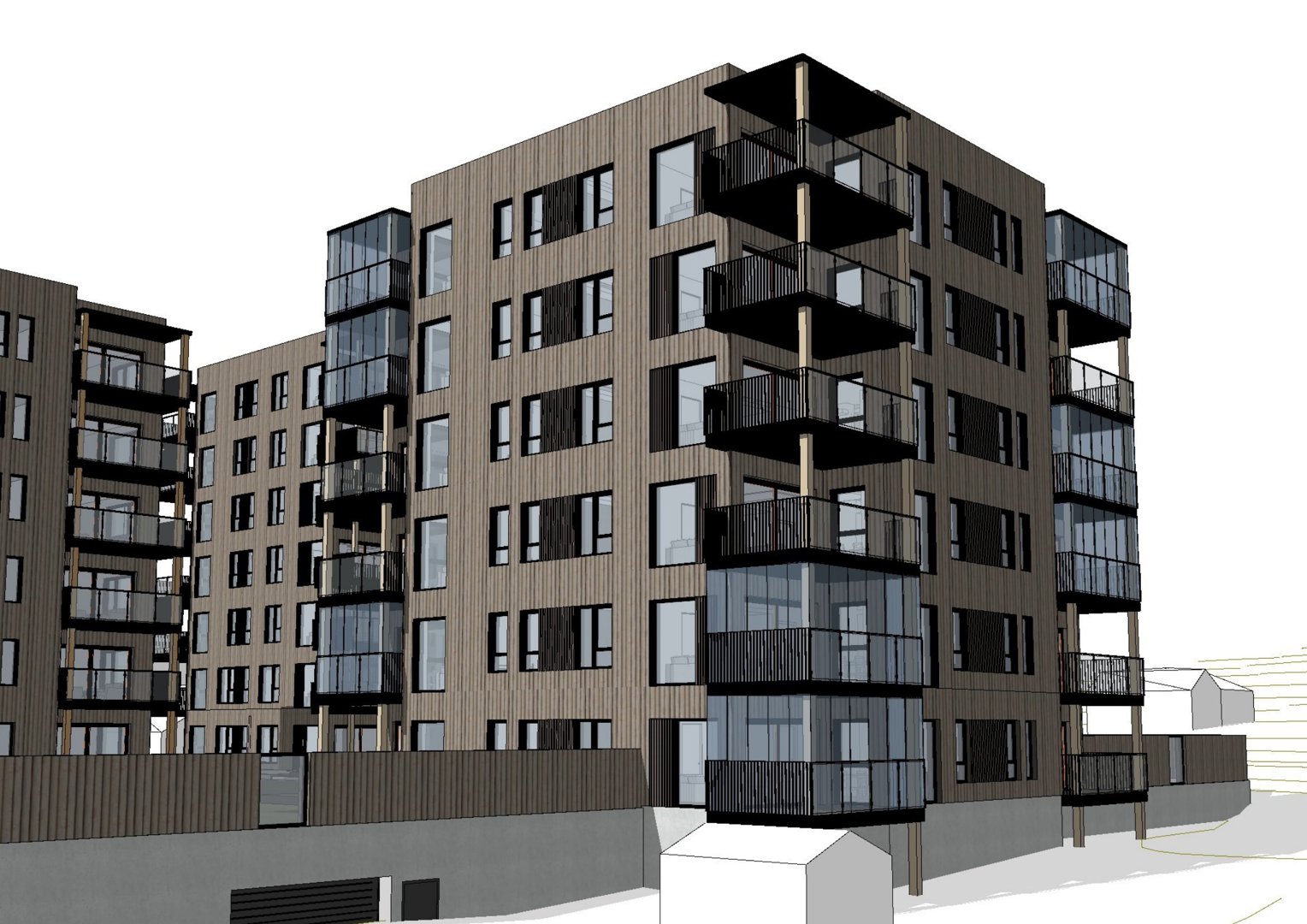 3D-visualisering (rendering) av en fleretasjes bygning med balkonger og fasadebekledning.