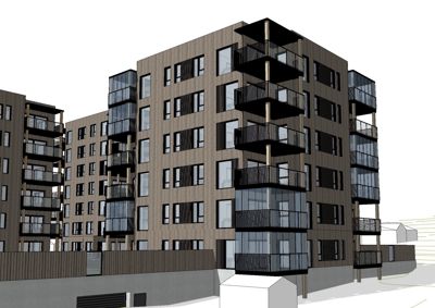3D-visualisering (rendering) av en fleretasjes bygning med balkonger og fasadebekledning.