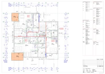 Etasjeplan (1. etasje) som viser romfordeling, vegger, dører og tekniske installasjoner for en bolig.